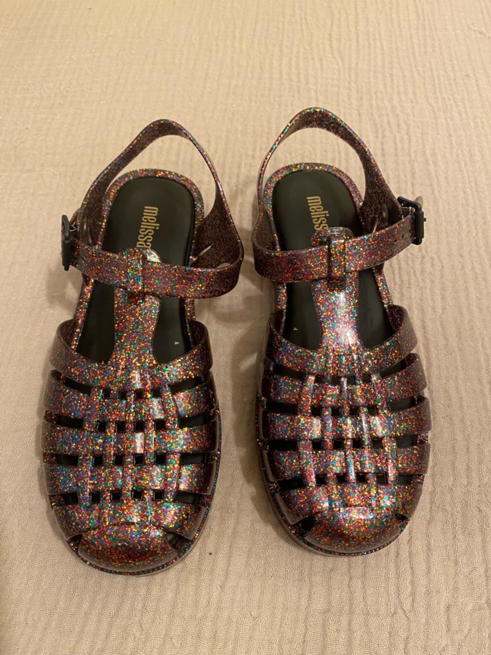 Melissa Kids Glitter Jelly Sandals - Rainbow Sparkle. Size 5
